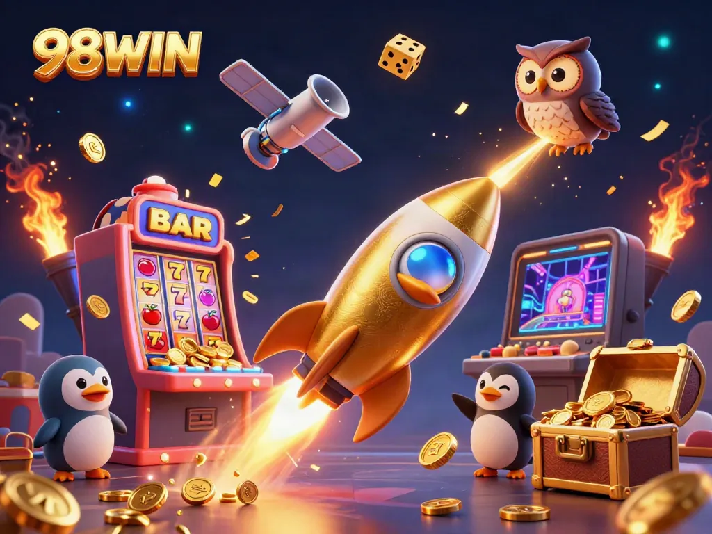 Ignite your fortune with 98WIN as a golden penguin soars over a dazzling casino skyline.