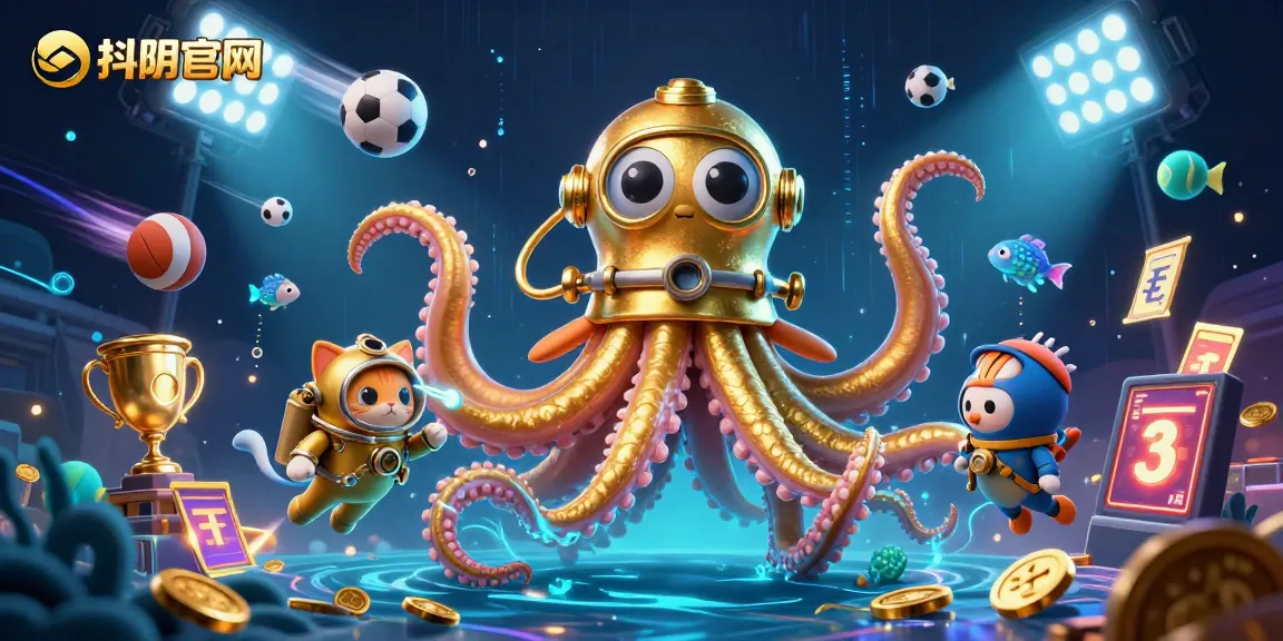 Engage with the 抖阴官网 platform, featuring a colossal kraken and a diving cat in an ocean of treasures.