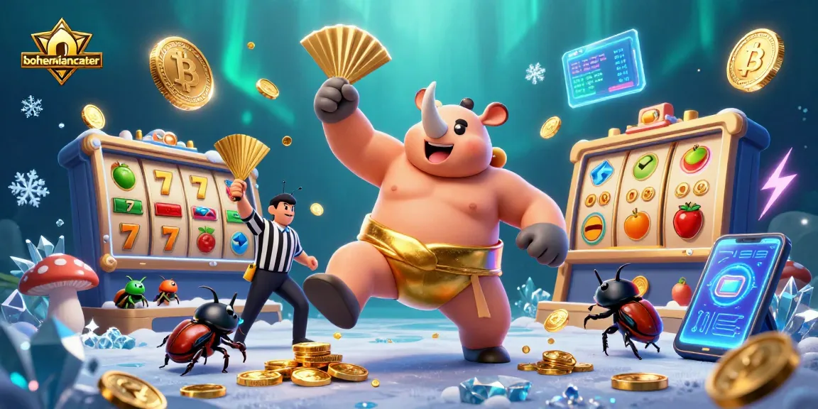 Engage with bohemiancater’s dynamic slots scene featuring a sumo beetle champion amidst vibrant casino elements.
