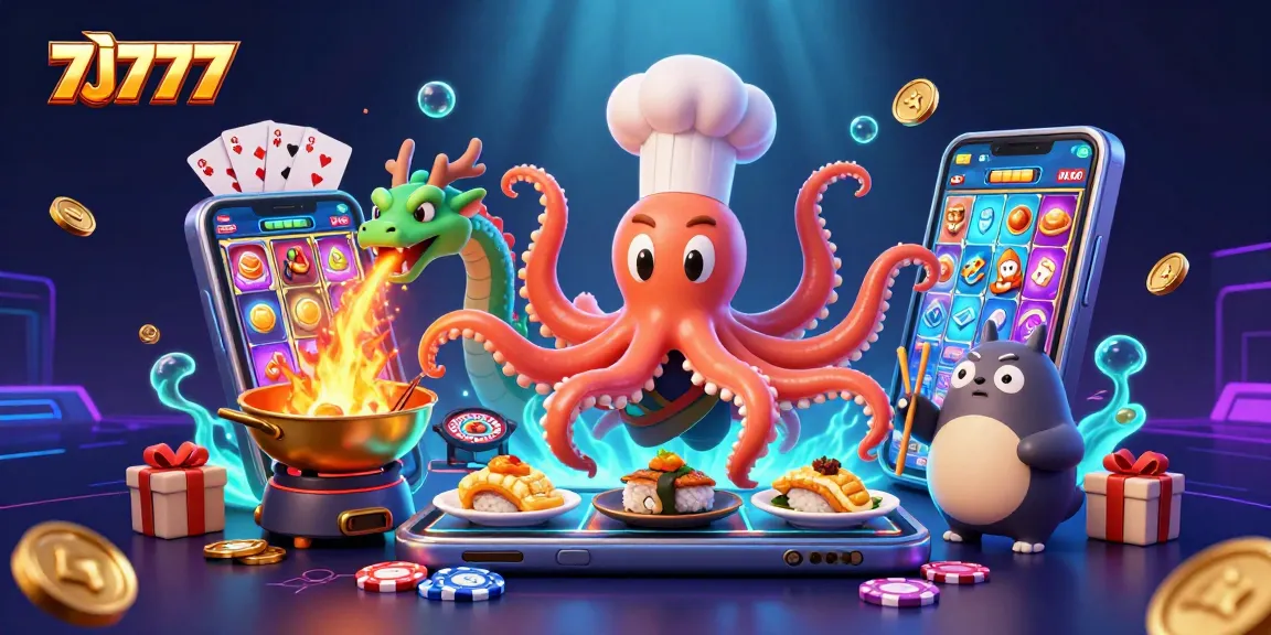 Engage with 7J777 through vibrant slot games featuring a colorful 3D scene of an octopus chef!