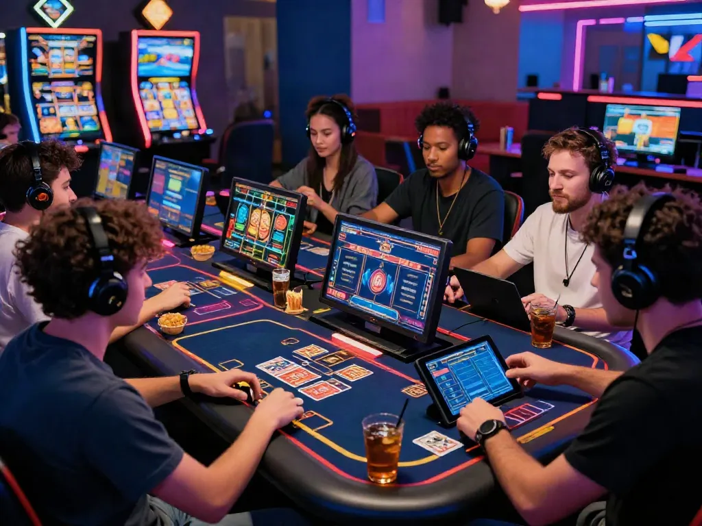 A80 casino gaming scene with diverse players enjoying multiplayer games, vibrant atmosphere, and stylish gaming lounge.