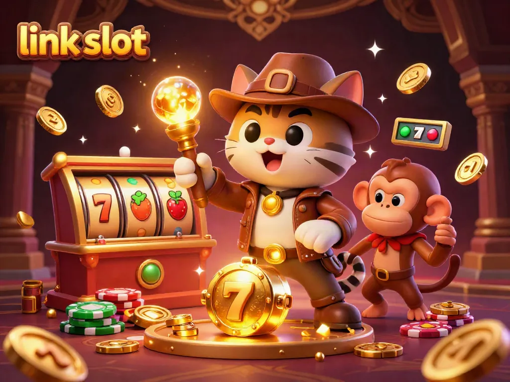 Slot gacor malam ini dengan simbol mesin slot dan penjelajah kucing dalam ilustrasi 3D.