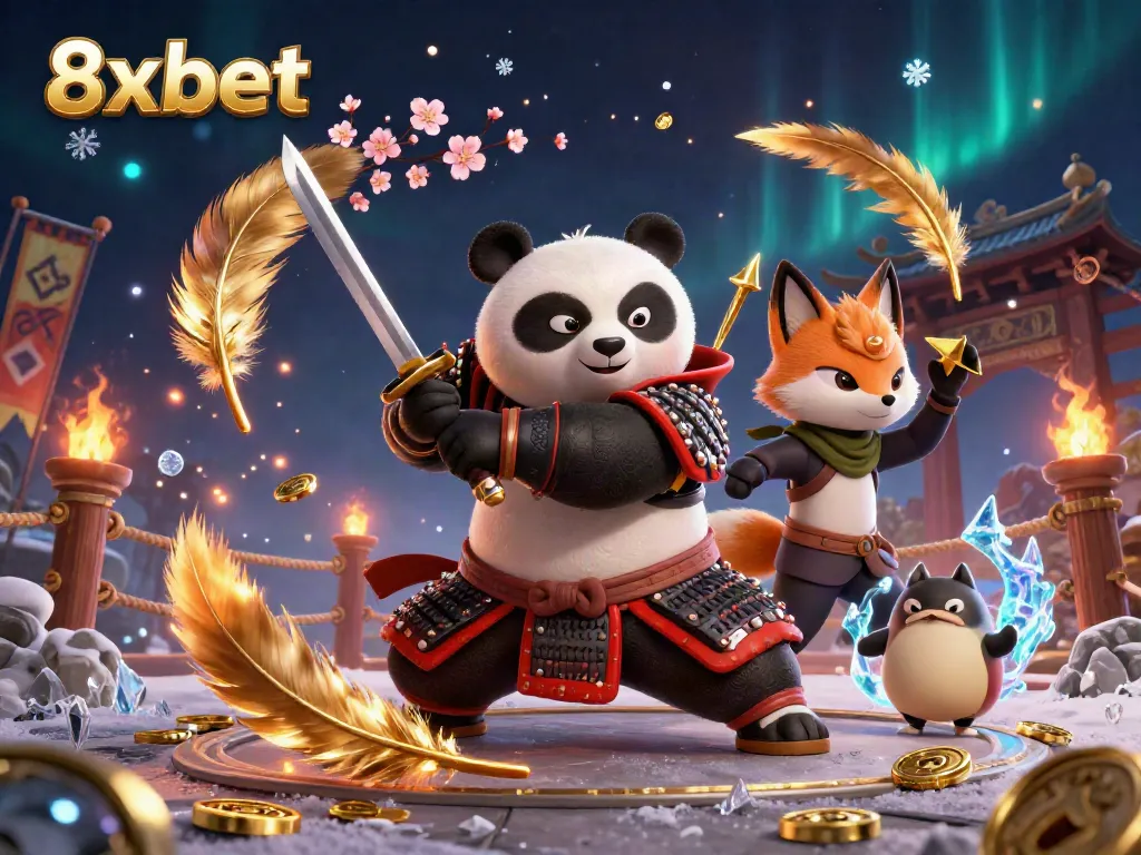 Experience thrilling 8xbet action with cartoon samurai panda and ninja in an exciting gambling scene.