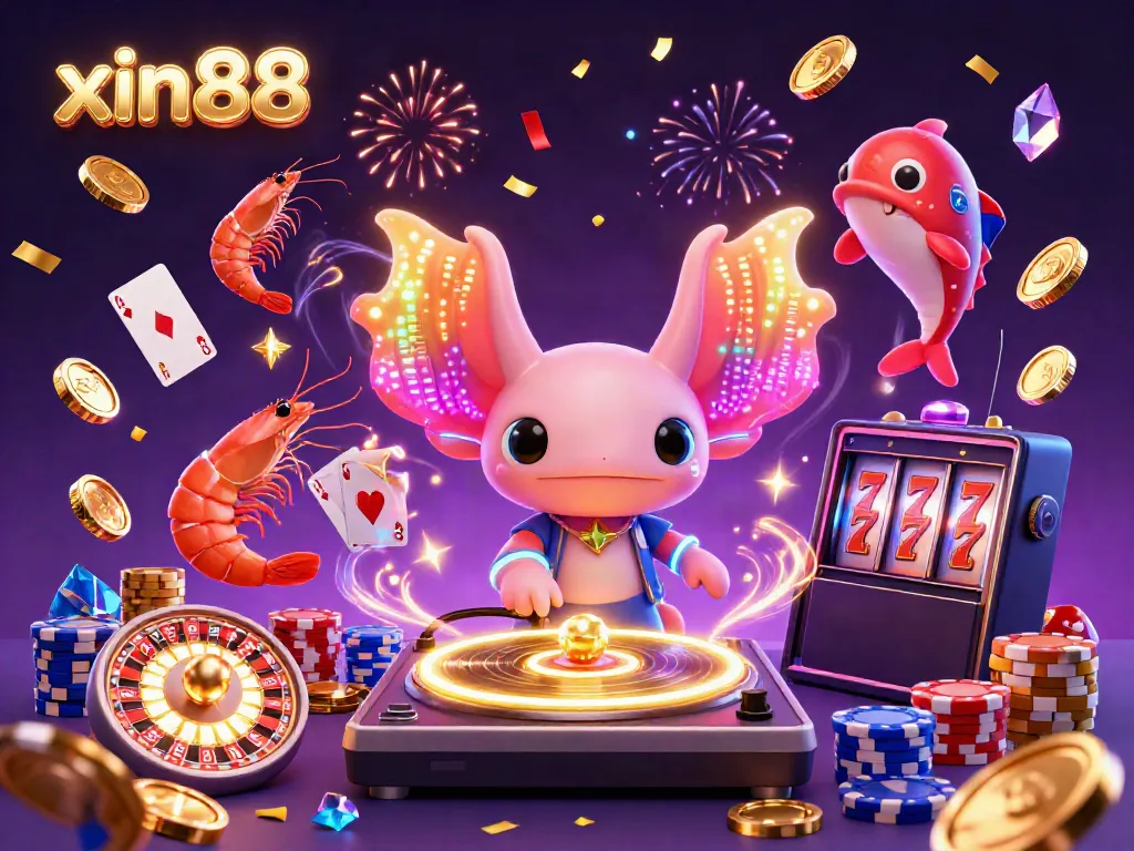 Experience the vibrant xin88 fantasy world with an axolotl DJ, celebrating rich casino elements.