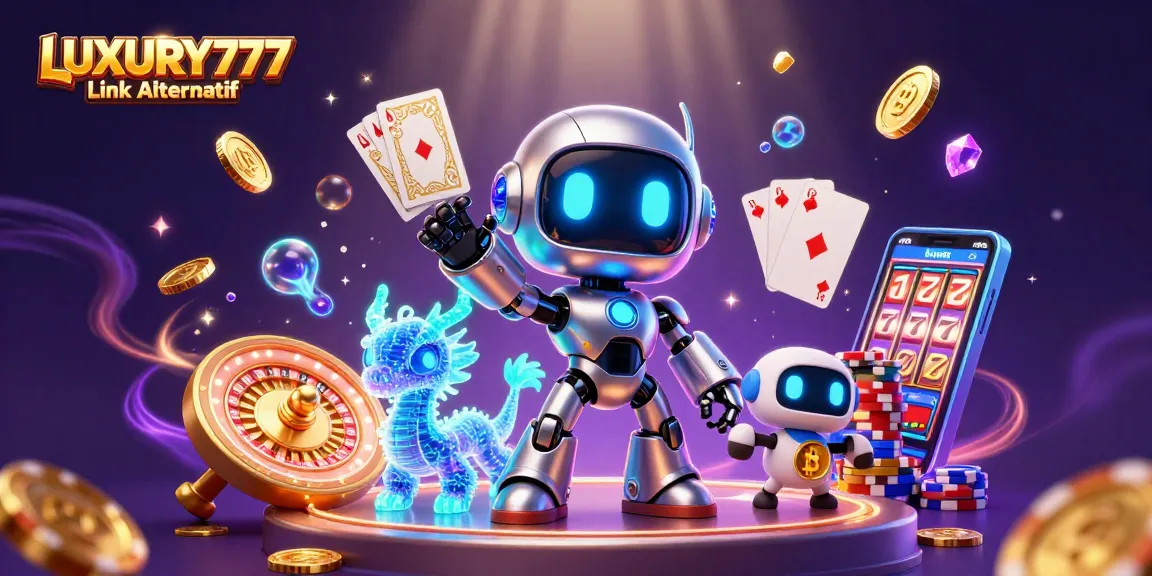 Judul gambar menampilkan LUXURY777 Link Alternatif dengan karakter robot cyberpunk dan elemen kasino yang kaya