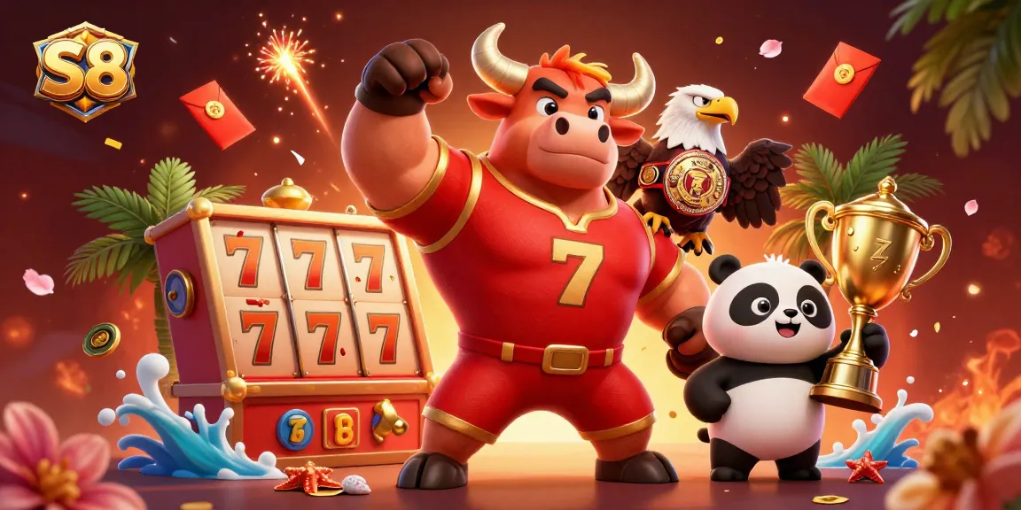 Experience the thrill of S8 with dynamic gaming elements like slot reels and fireworks.