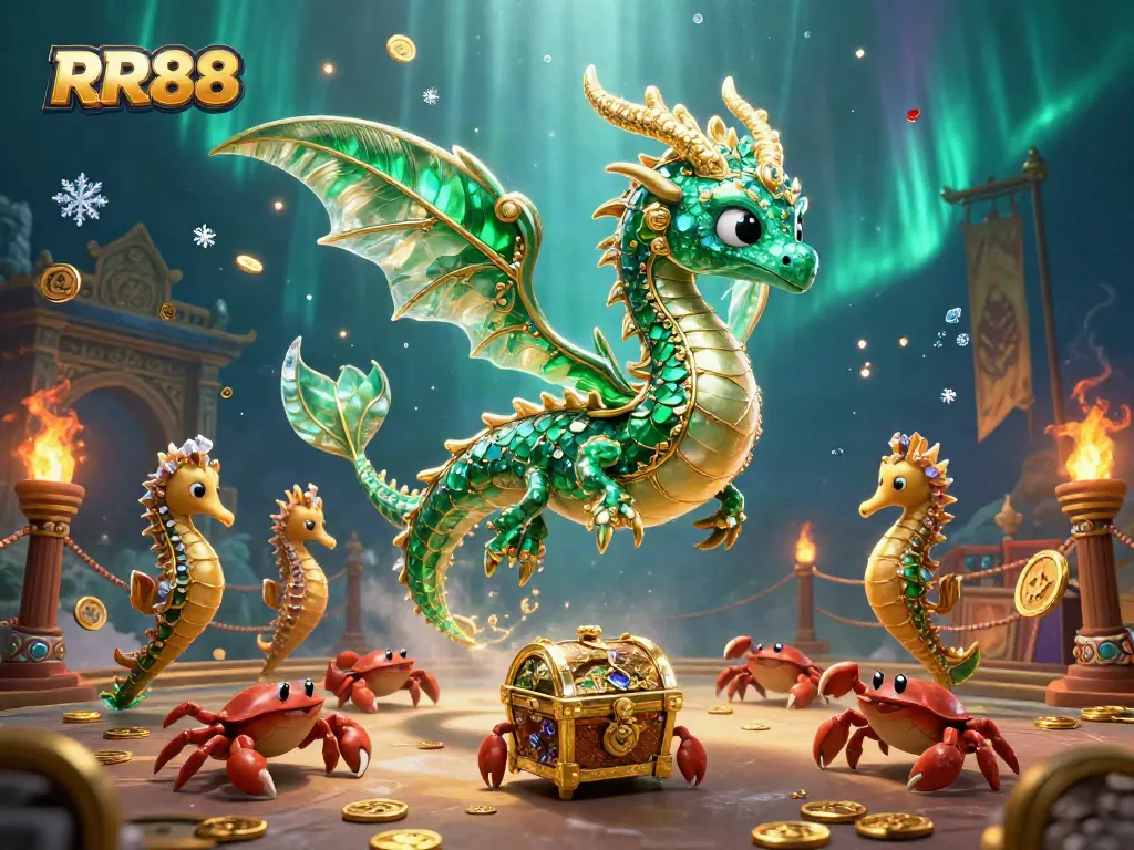 Experience RR88's enchanting underwater casino realm with a 3D sea dragon and treasure chest.