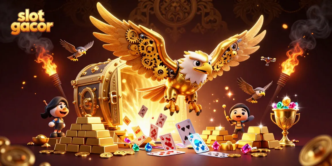 Experience slot gacor with a powerful golden eagle amidst dazzling treasures and game elements.