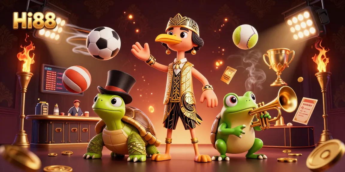 Engage with Hi88's thrilling gaming scene featuring lively characters and dynamic sports elements.
