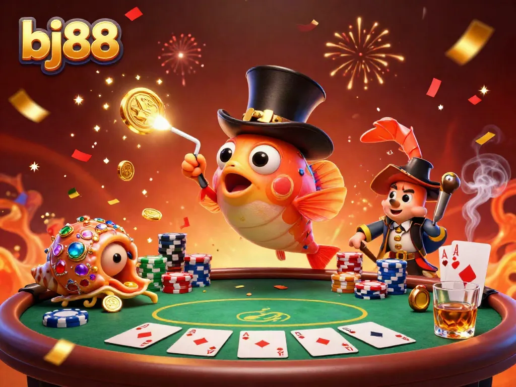 Experience the excitement of bj88 with a vibrant 3D casino scene featuring animated characters, poker elements, and festive effects.