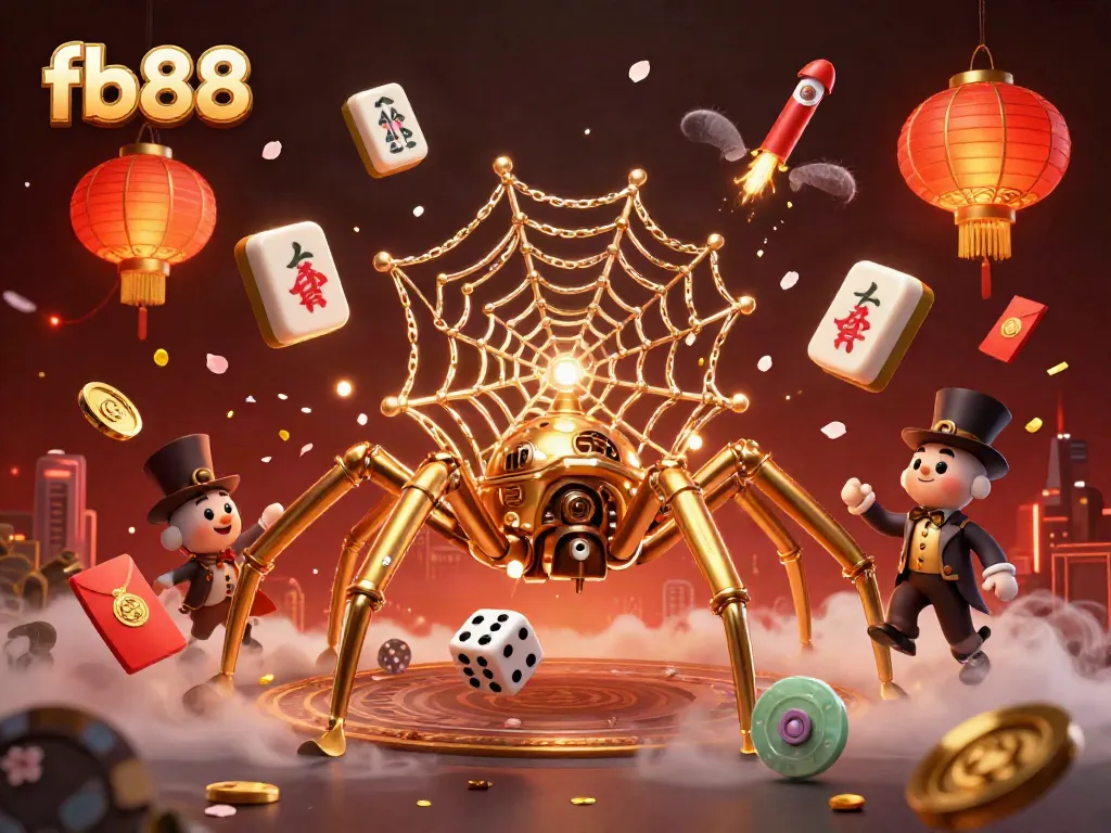 Experience the excitement of fb88 with a 3D golden spider building a web of casino elements in this vibrant scene.