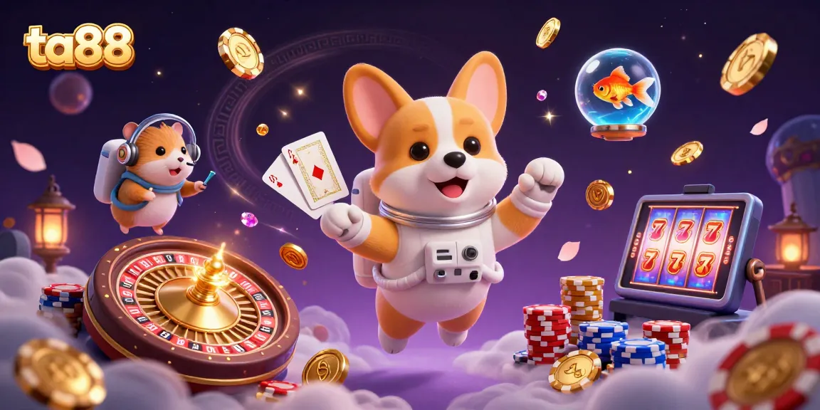 Engage in thrilling adventures at ta88, featuring a playful astronaut corgi and floating casino elements.