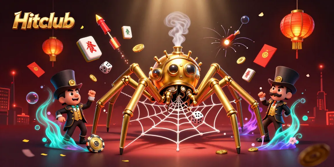 Engage with Hitclub's lively gaming atmosphere featuring a golden spider, poker elements, and festive decorations.