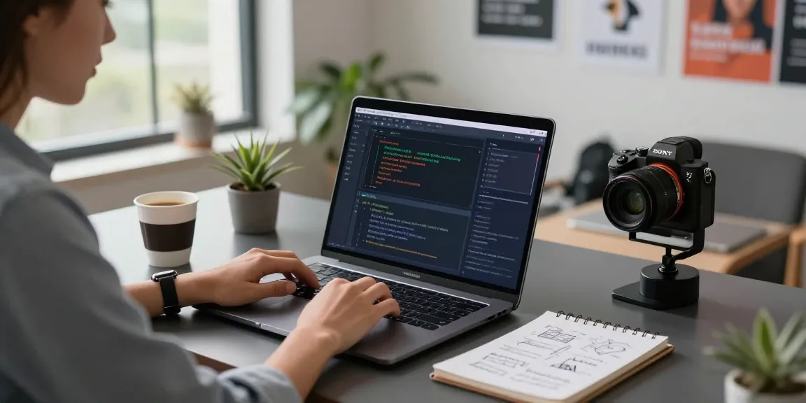 A professional coding session on an AI laptop in a modern workspace, featuring data visualizations and a stylish coffee setup.
