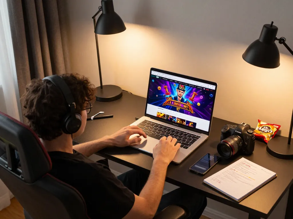 Trải nghiệm trò chơi trực tuyến hấp dẫn tại Link 12bet với người chơi sử dụng laptop trong một không gian ấm cúng.
