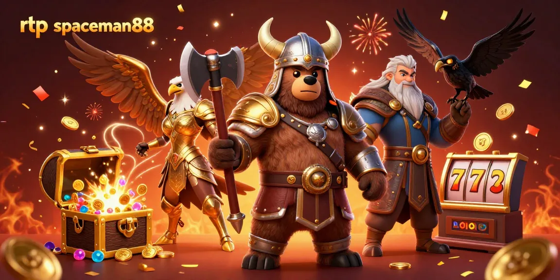 Experience the thrilling world of rtp spaceman88 with an epic visual of a Viking bear, Valkyrie eagle, and glowing treasures in a casino adventure.
