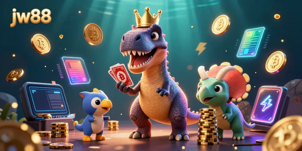 Engage in thrilling gameplay at jw88 with unique characters in a vibrant casino scene.