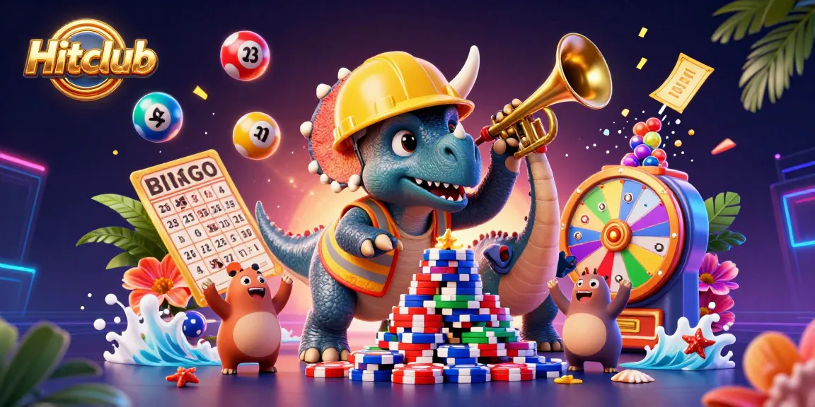 Hitclub celebrates with a vibrant 3D scene featuring playful dinosaur characters amidst a flurry of colorful gaming elements.