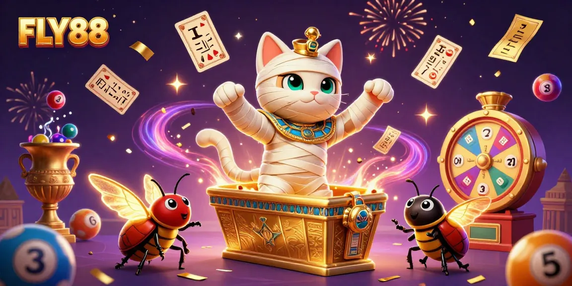 Engage with FLY88's thrilling gaming fantasy featuring a mystical mummy cat in action.