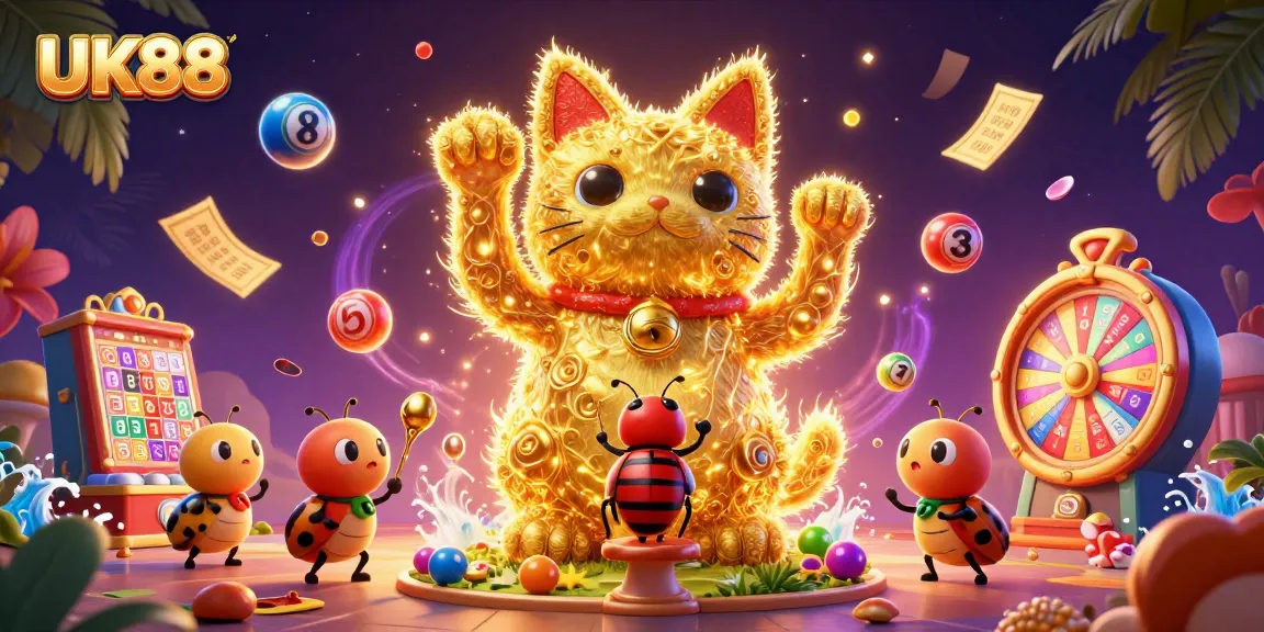 Engage with the exciting world of UK88, featuring a dynamic 3D illustration of a lucky cat and casino symbols