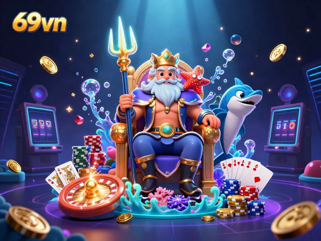 Experience the excitement of 69vn with a vibrant 3D rendering of Neptune among golden coins and sparkling gems.