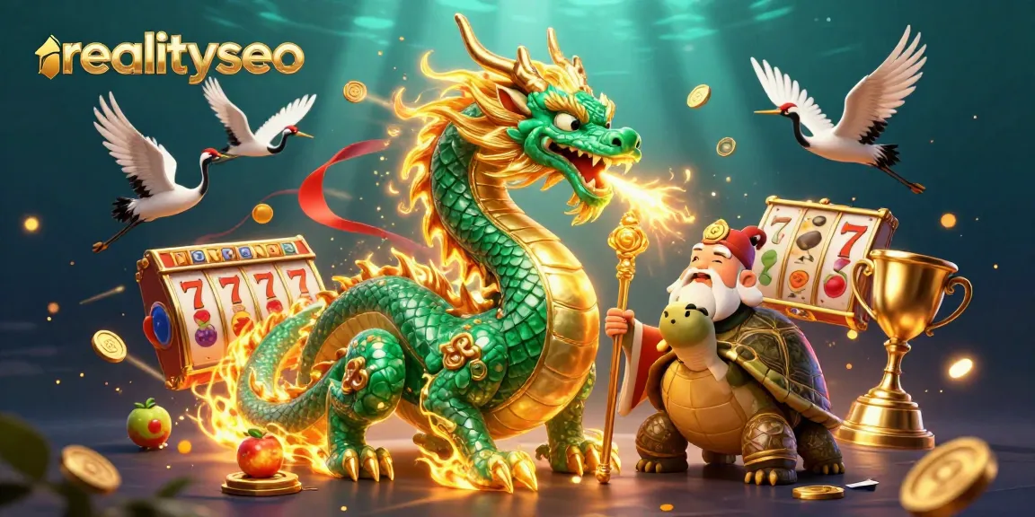 Experience thrilling action with realityseo in this dynamic illustration featuring a jade dragon amidst slot game elements.