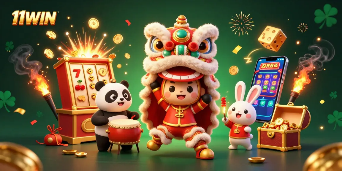 Experience thrilling wins at 11WIN with a vibrant casino scene featuring cartoon characters and vibrant slot machines.