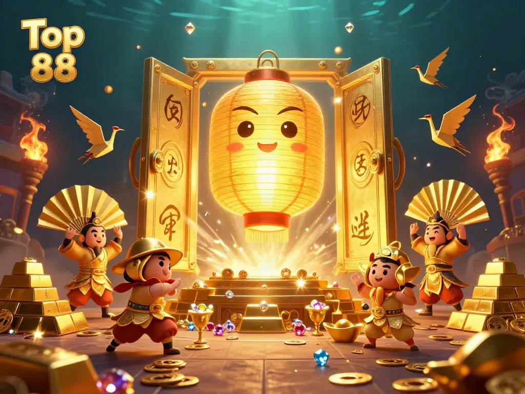 Engage with Top 88 as a golden lantern spirit illuminates a vibrant casino scene filled with treasures.