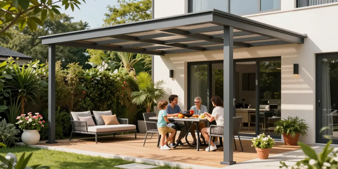 Moderne Terrassenüberdachung mit Familie beim Essen im Garten.