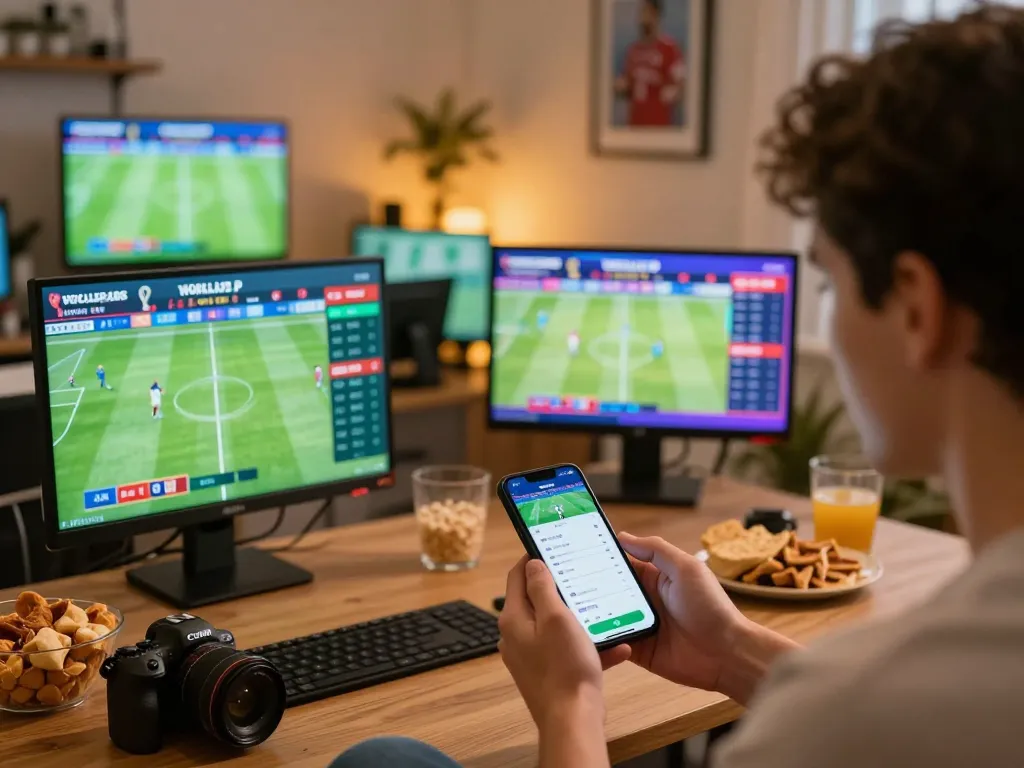 Engaging sports betting scene during World Cup 2026, featuring live match screens and intense betting action.