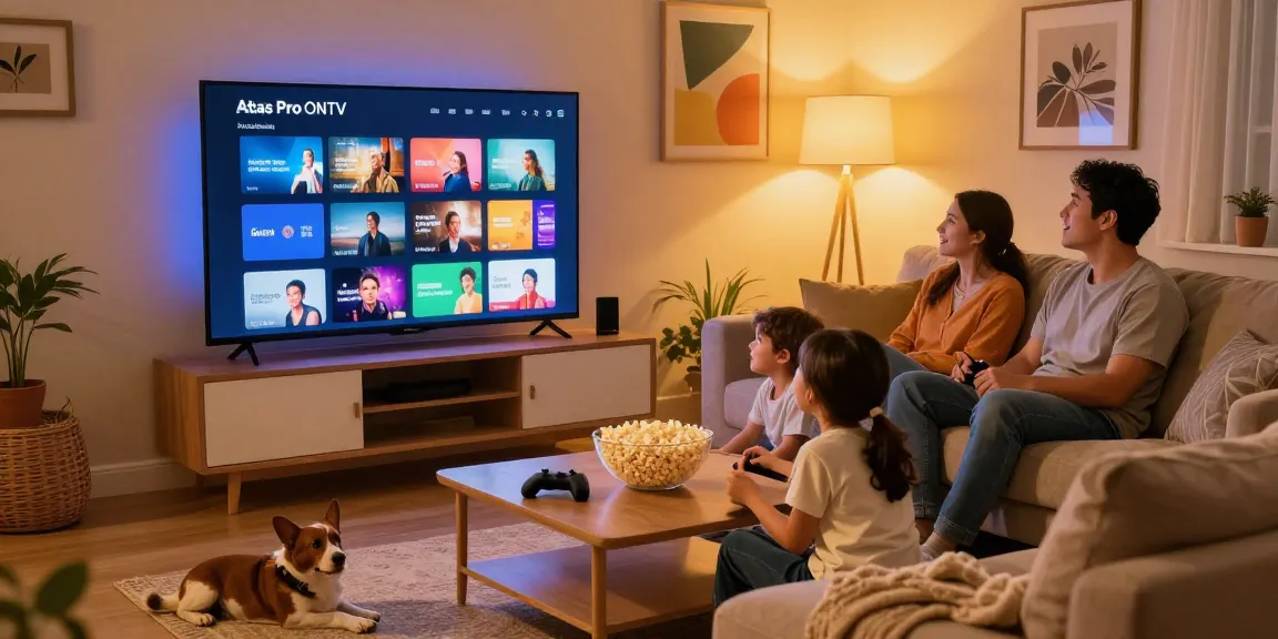 Enjoy family movie night with Atlas pro ontv on Smart TV in warm living room setting