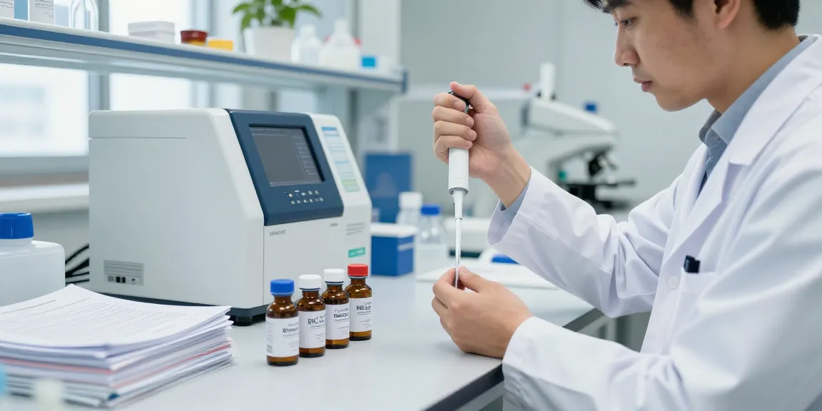 Scientist measuring SwissChems Peptides in a modern laboratory, showcasing advanced research equipment.