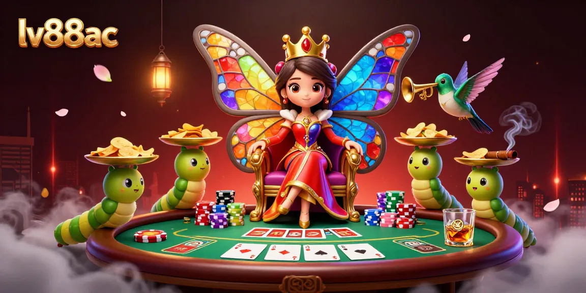 Experience the vibrant poker scene at lv88ac, featuring a colorful butterfly queen and rich casino elements.