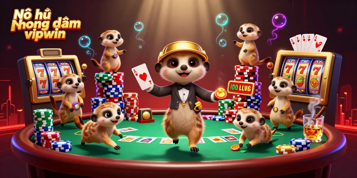 Nổ hũ hoàng kim vipwin features a playful meerkat casino scene with vibrant slot reels and poker elements.