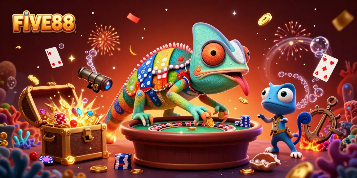 Experience excitement with FIVE88 at the vibrant casino, where the chameleon owner snaps golden coins!