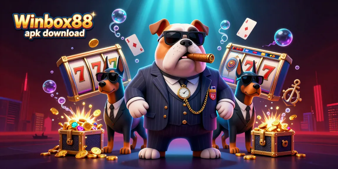 Engage in gaming excitement with Winbox88 apk download in a vibrant casino scene featuring slot machines and characters.