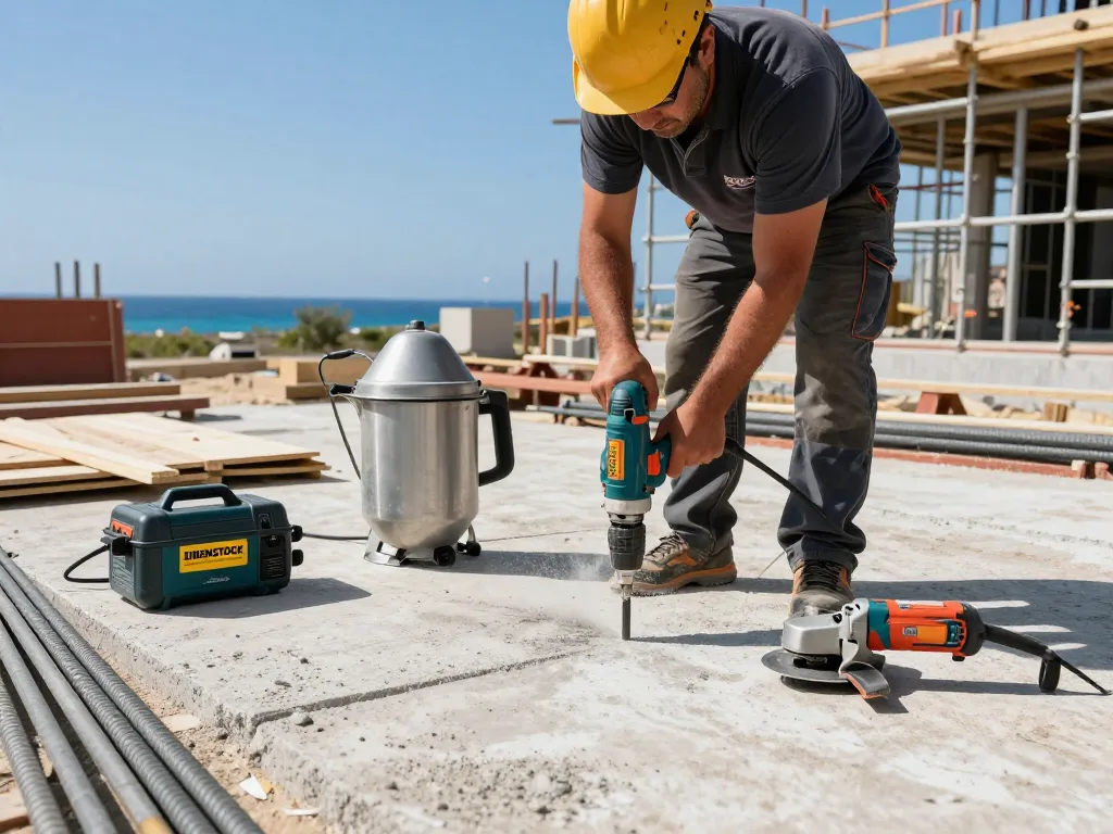 EIBENSTOCK Cyprus power tools in action at a construction site with skilled worker operating equipment under clear blue skies.