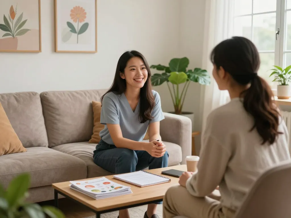 Therapy session with a focus on 抑鬱症, showcasing a mental health professional and patient sharing a moment of understanding.