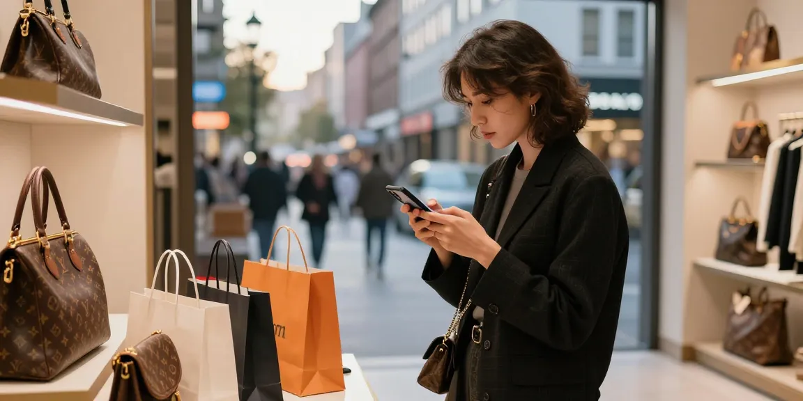 Engaging scene of a shopper exploring stylish 레플리카 사이트 products in a modern urban boutique.