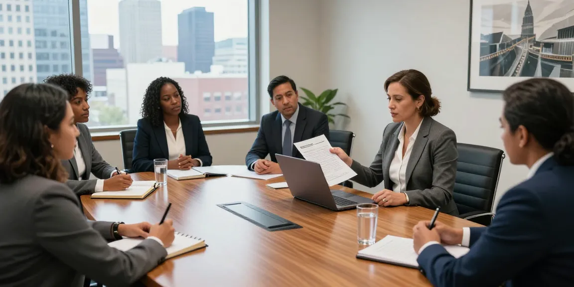 Philadelphia Employment Lawyer presenting case documents to clients in a professional law firm conference room.