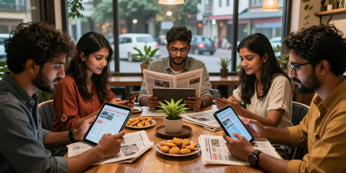 Engaged group discussing current events while reading https://www.theindaily.com in a café, vibrant atmosphere