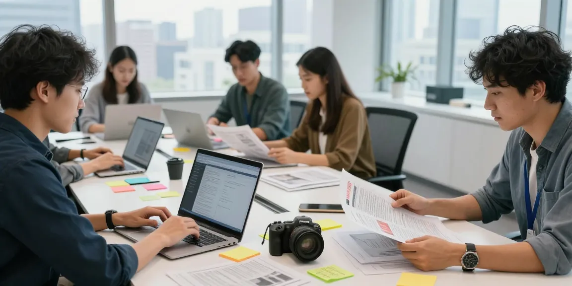 Collaborative workspace illustrating journalists at https://www.theindaily.com, focused on dynamic news reporting.
